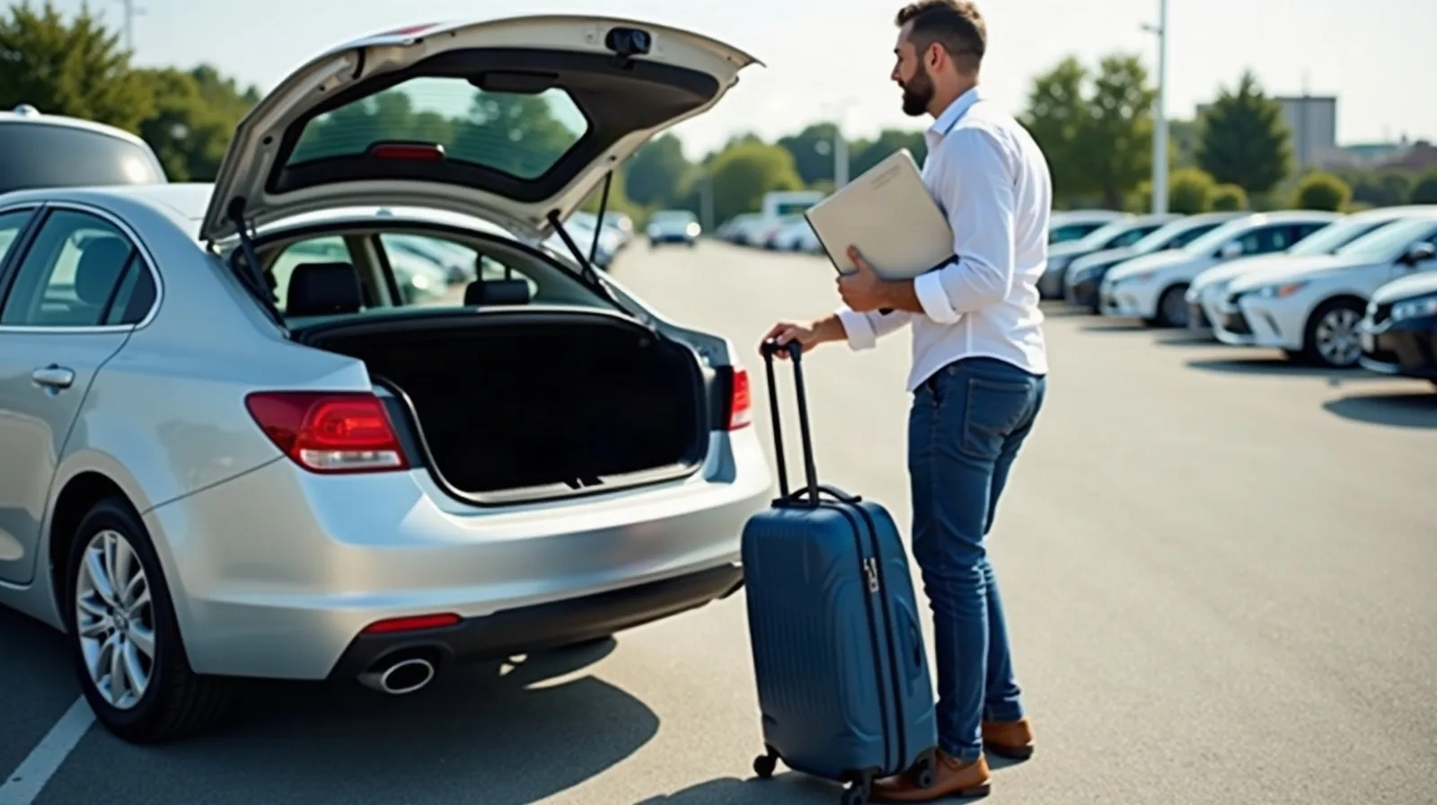 A traveler's hands lifting a wheeled suitcase into the open trunk of a light-colored car in an outdoor rental-car parking lot, other rental cars parked in rows in the background under bright direct sunlight