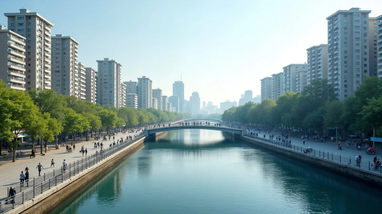 A riverfront promenade in a city with a bridge arching toward hillside apartment blocks and tiny walkers along the railing