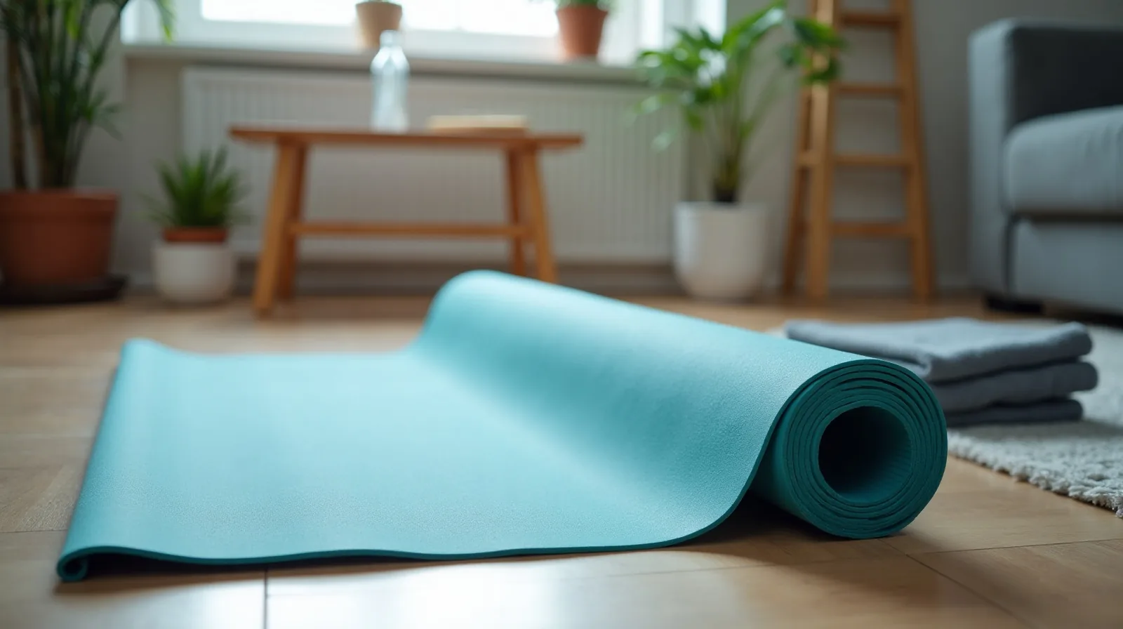 An exercise mat unrolled on a living room floor beside a looped resistance band, a low wooden step stool and a water bottle