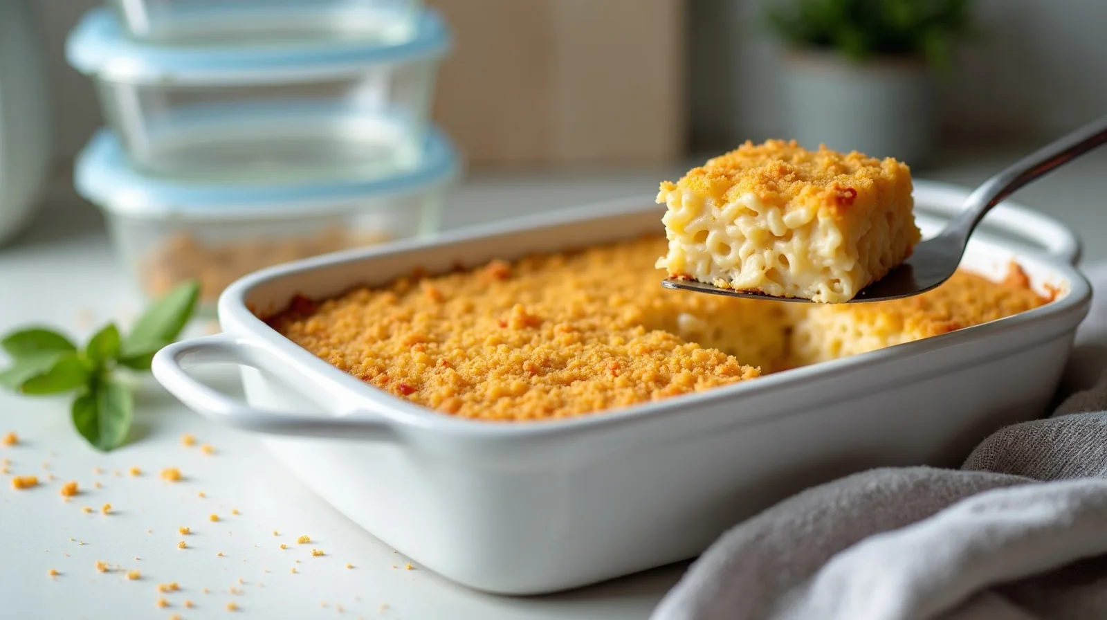 A metal spatula lifting one square portion from the corner of a baked pasta casserole in a chipped ceramic dish, with crumb topping scattered on the counter beside a dish towel and empty storage containers