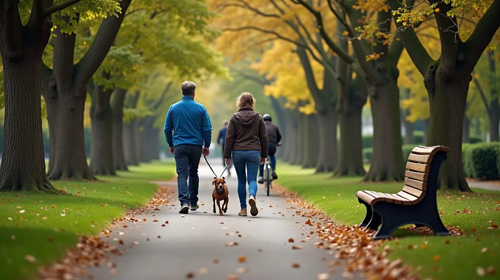 A paved neighborhood park path lined with mature trees, two adults walking briskly side by side in the middle distance with a small dog trotting on a leash, a cyclist passing further back, and a wooden park bench scattered with fallen leaves in the foreground
