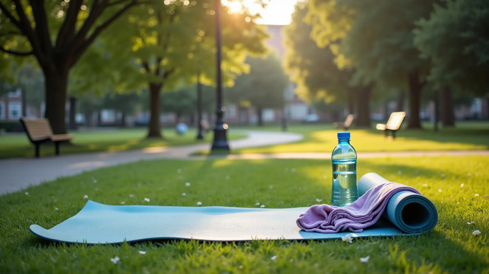 An unrolled exercise mat with a water bottle and towel on park grass beside a curving walking path