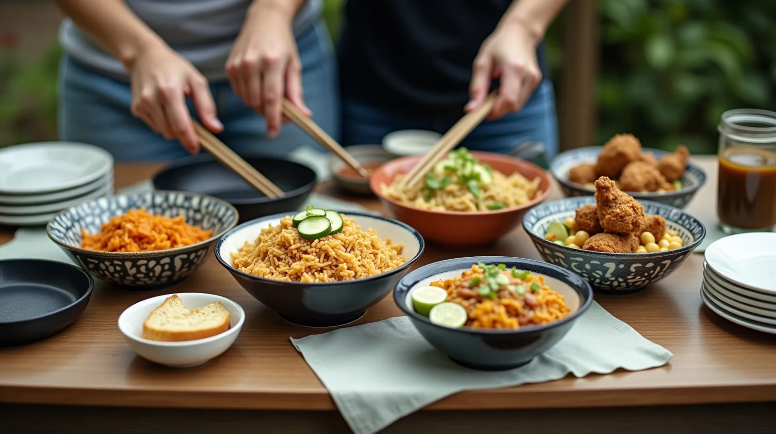 A cluttered kitchen table set with four homemade takeout-style dinners in mismatched bowls, with two people seen from behind reaching in to serve themselves