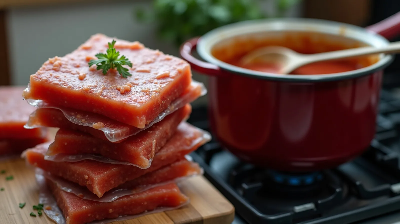 Flat freezer bags of deep red soup stacked beside a heavy enameled pot with a ladle resting across its rim