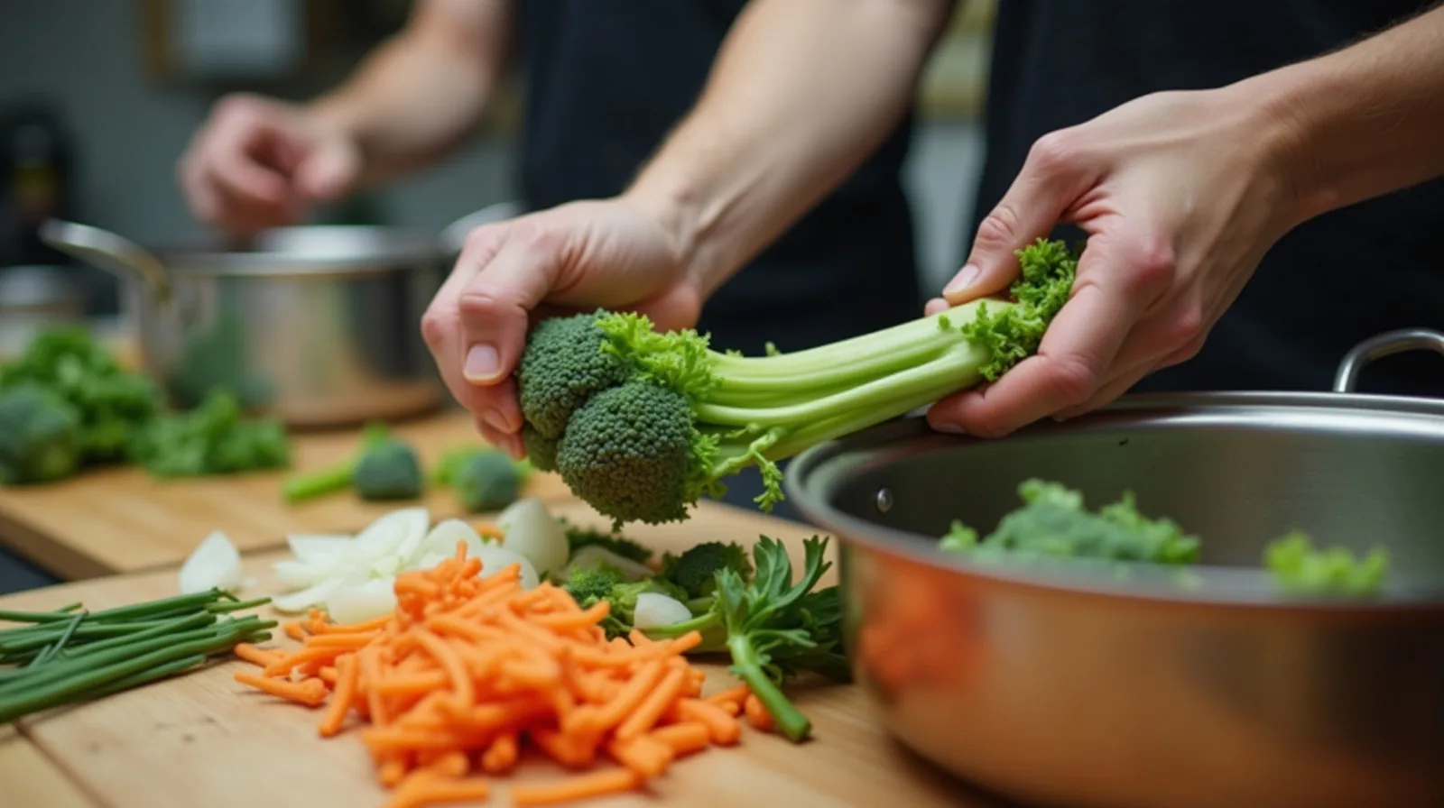 Hands peeling a broccoli stem over a scrap bowl of carrot tops and onion skins beside a cutting board of chopped vegetables