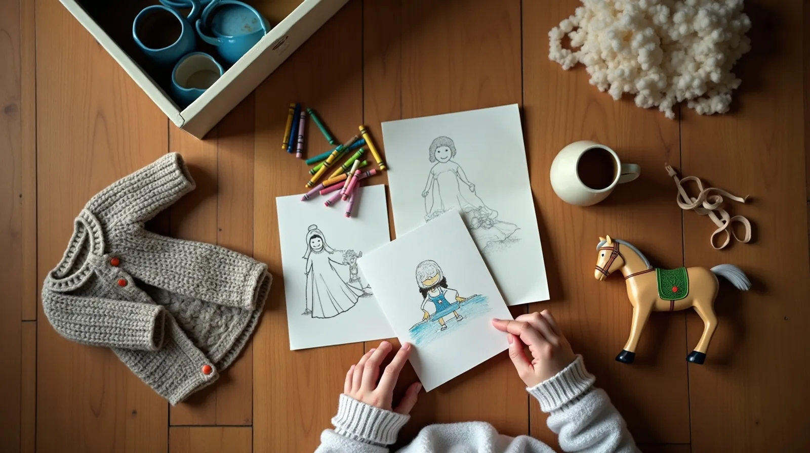 Hands laying out crayon drawings, a knitted baby cardigan, a chipped enamel mug and a wooden toy horse on a wooden floor beside an open shoebox