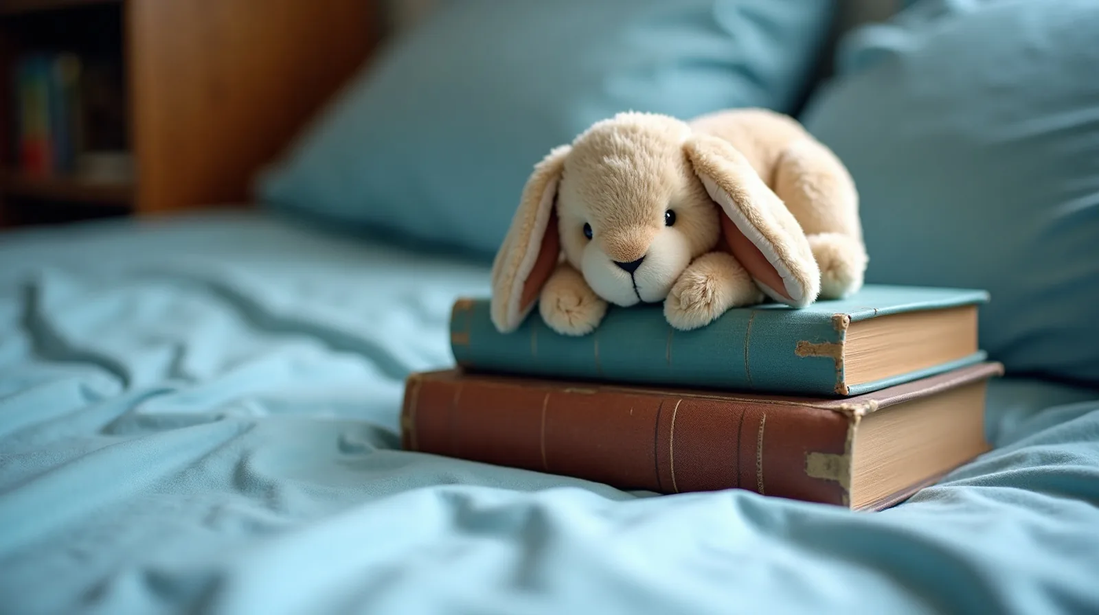 Two worn picture books stacked on the corner of a child's bed with a plush rabbit resting on top