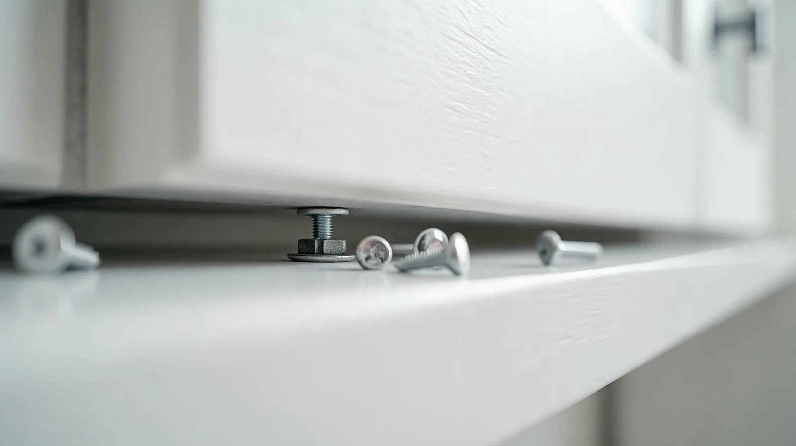 A screwdriver resting beside a cabinet hinge with a loose screw partly backed out.
