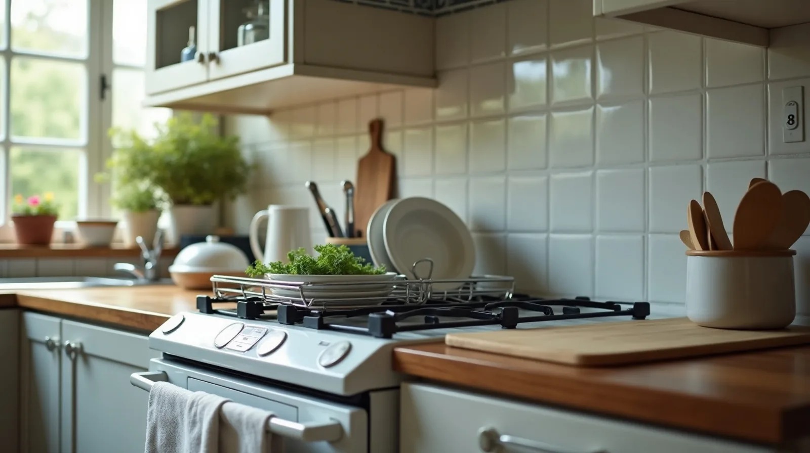 A clean kitchen counter after dinner with a rack of drying dishes beside an empty sink.