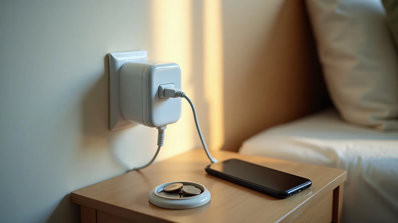 A universal plug adapter in a wall outlet charging a phone on a hotel nightstand next to a small dish of coins