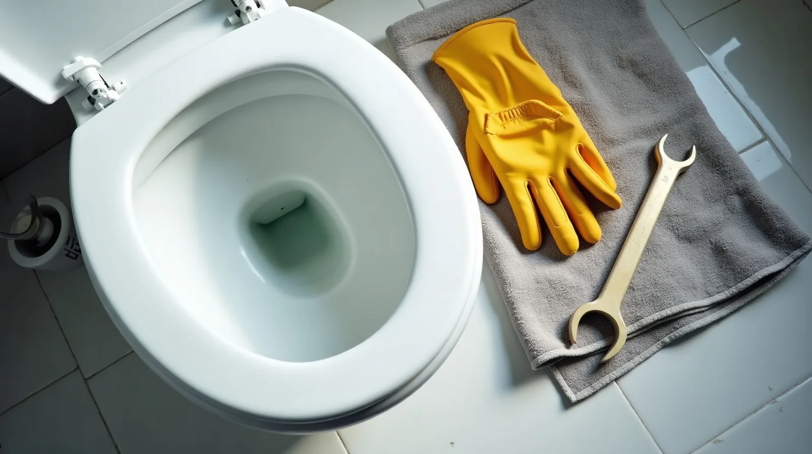 A new toilet flapper, a fill valve, an adjustable wrench and work gloves laid out on a folded towel beside a porcelain tank lid