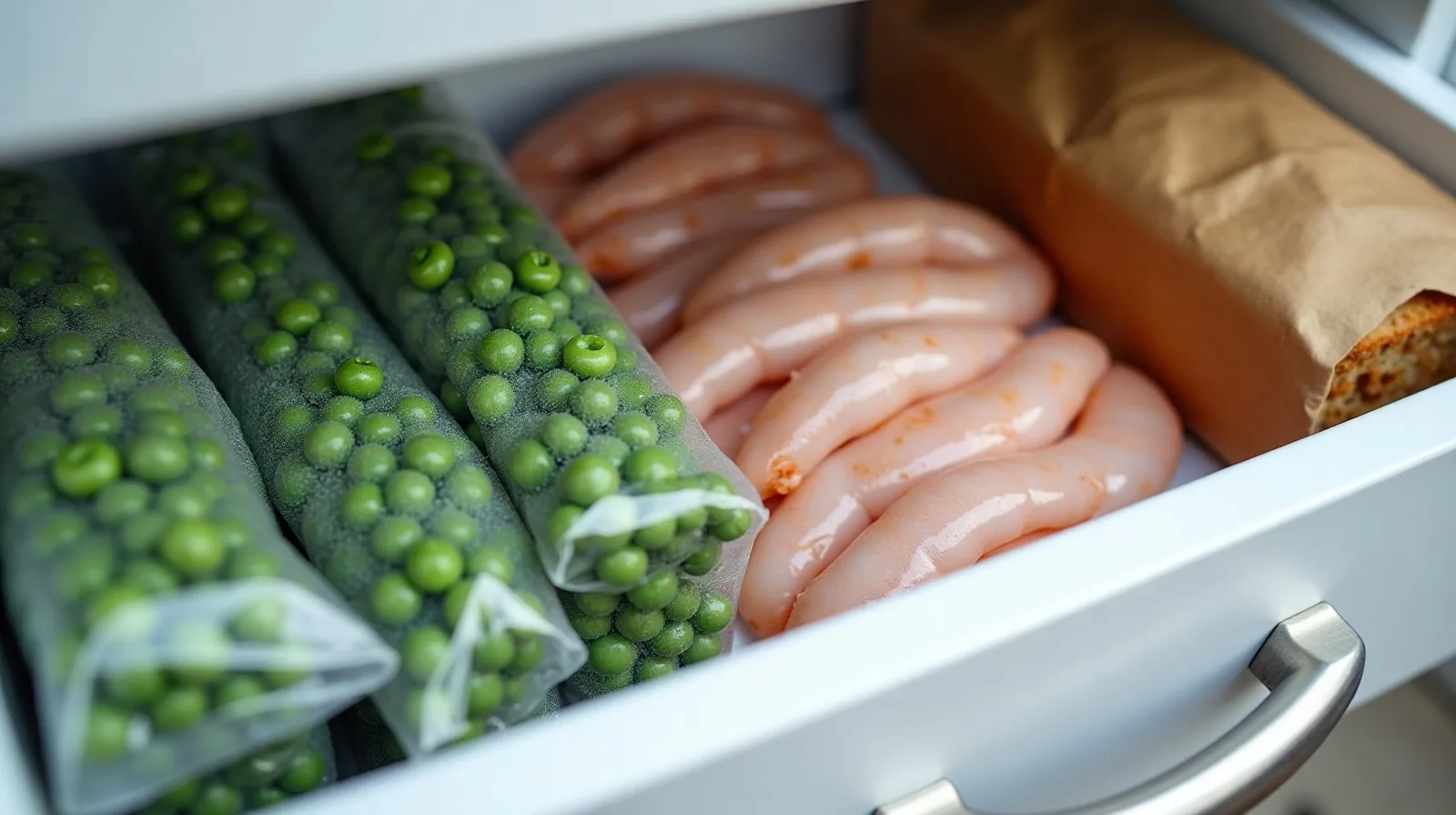 A close view inside an open freezer drawer packed with frost-dusted bags of peas and chopped spinach, flat-frozen chicken portions stacked upright, a bag of shrimp and a paper-wrapped loaf wedged along one side