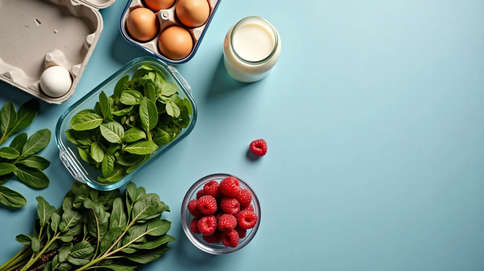 Clear glass containers of leftovers, a carton of eggs, spinach, berries in a clear bin, and a jug of milk arranged on a kitchen counter