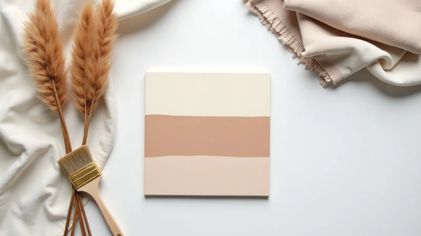 Overhead view of a painted sample board on a drop cloth with a paintbrush, linen swatches, and dried grass stems.