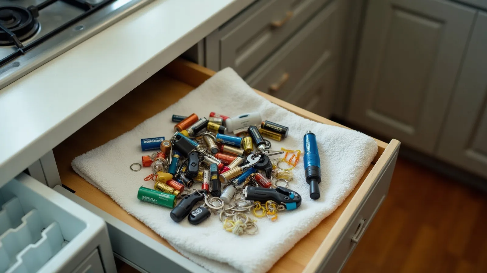 A pulled-out kitchen drawer emptied onto a counter beside sorted piles of batteries, keys, rubber bands and takeout menus, with an empty divider tray waiting