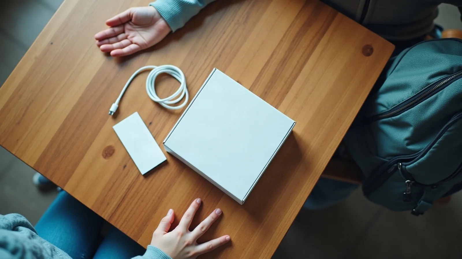An overhead flat-lay on a kitchen table of a small closed plain white box with no printing, a folded index card, and a neatly coiled charging cable, a child's hands resting nearby, a school backpack strap draped over a nearby chair