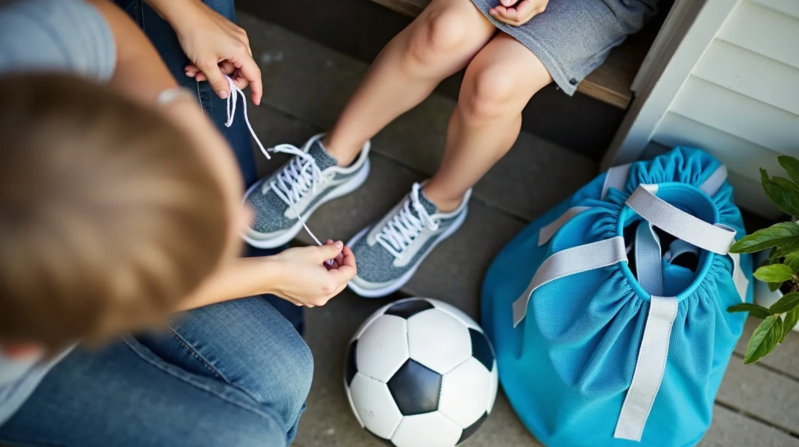 A child's hands tying a sneaker on a porch step beside a small stack of activity bags, a soccer ball, a dance duffel and a swim tote, a parent's wrist and watch visible at the edge of the frame