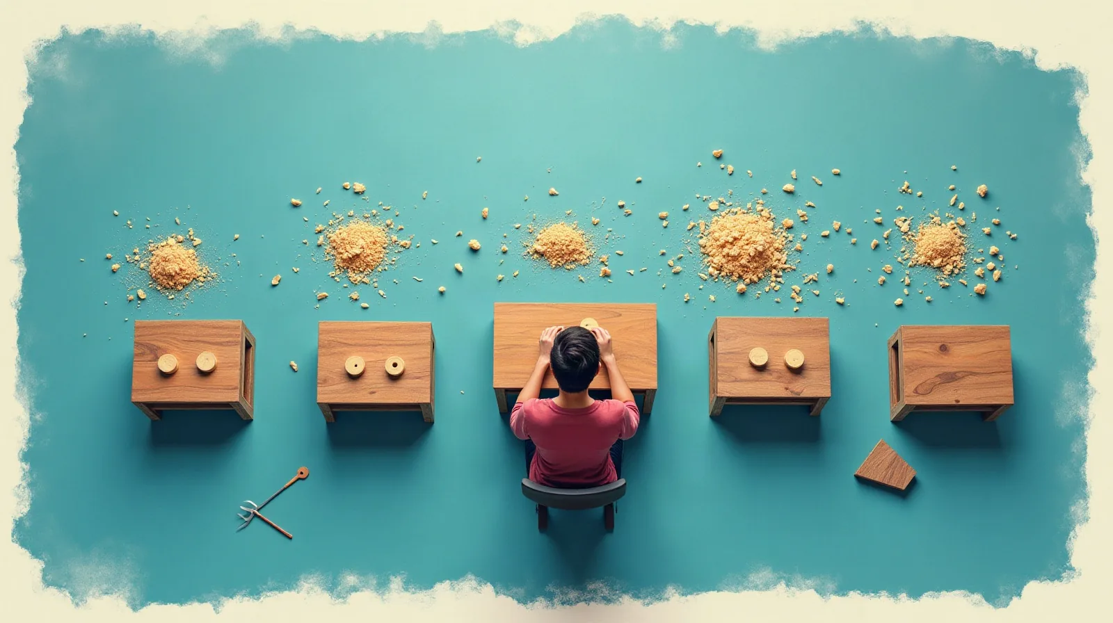 A textured editorial illustration of a person at a small workbench mid-motion shaping a simple wooden object, with a row of five previous attempts lined up behind them growing steadily neater and more symmetrical from left to right, wood shavings scattered around the earliest attempts
