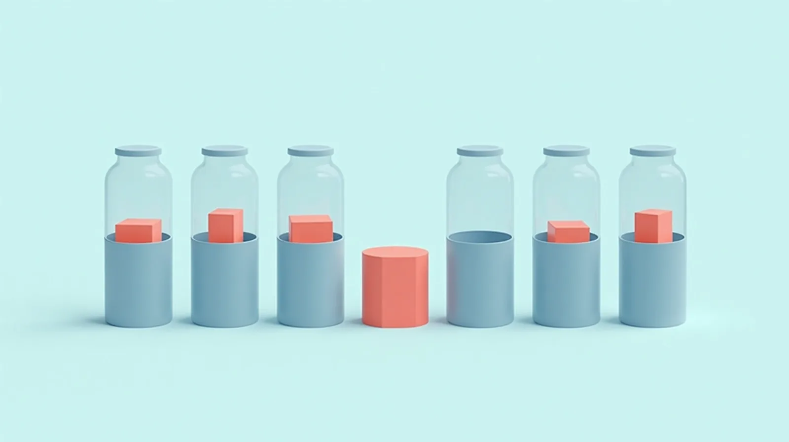A flat illustration of seven tall containers holding only a few small coral blocks, with a low threshold line drawn across them