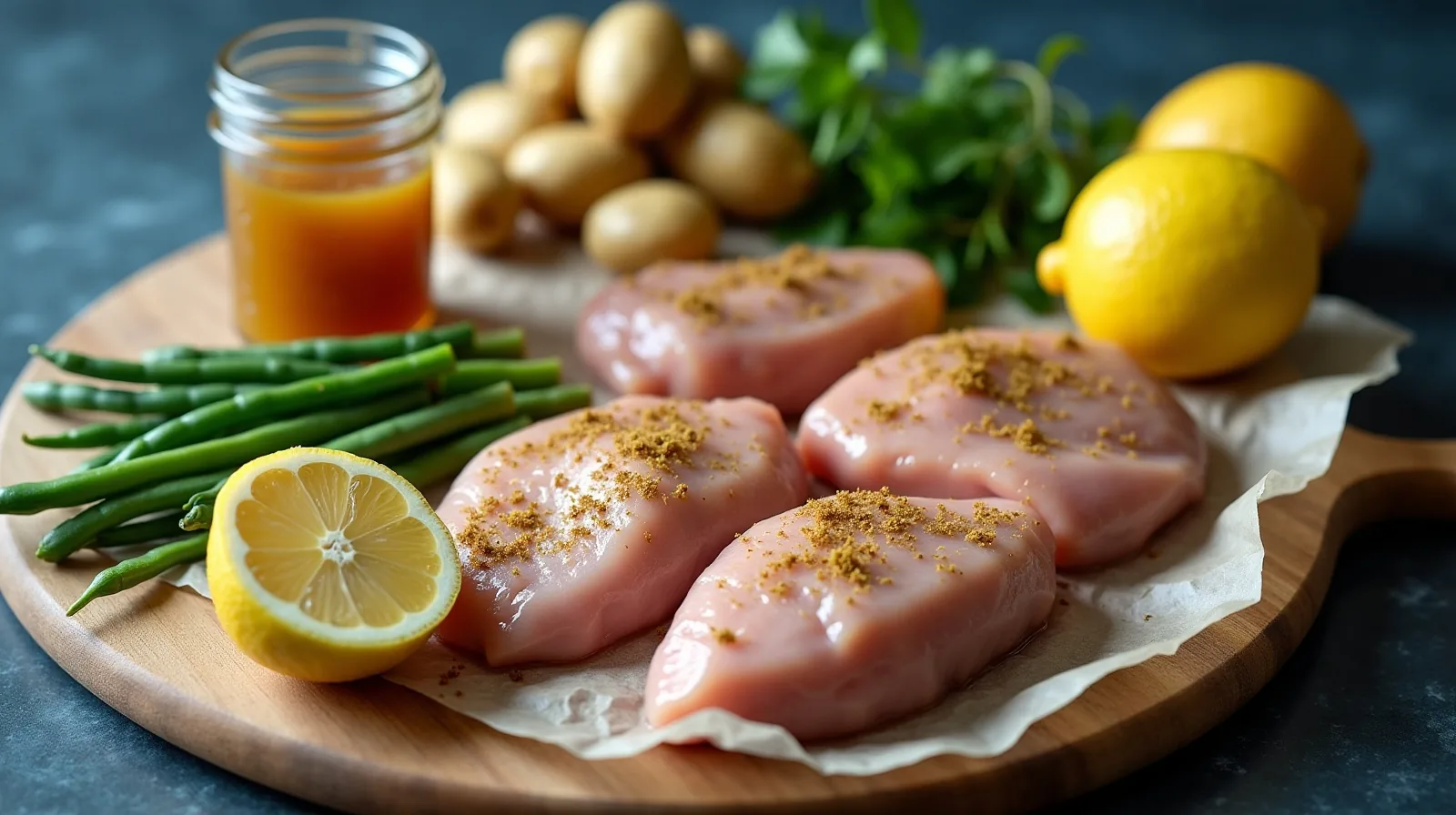 Raw chicken thighs, halved baby potatoes, trimmed green beans and lemon halves spread across a wooden board with a small jar of honey-mustard glaze