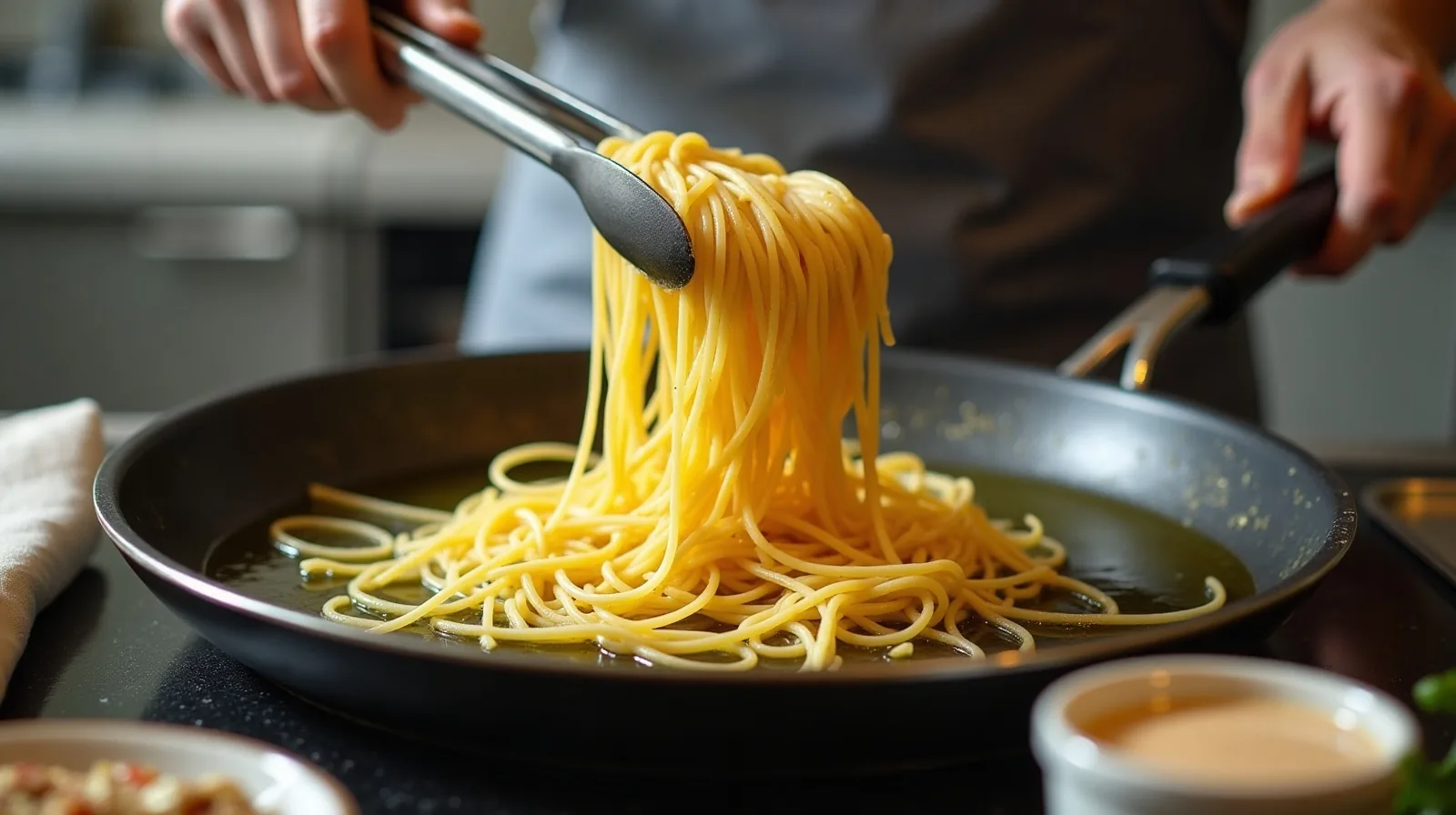 A cook tossing spaghetti with tongs in a wide skillet of garlicky olive oil while cloudy pasta water is poured in from a small cup