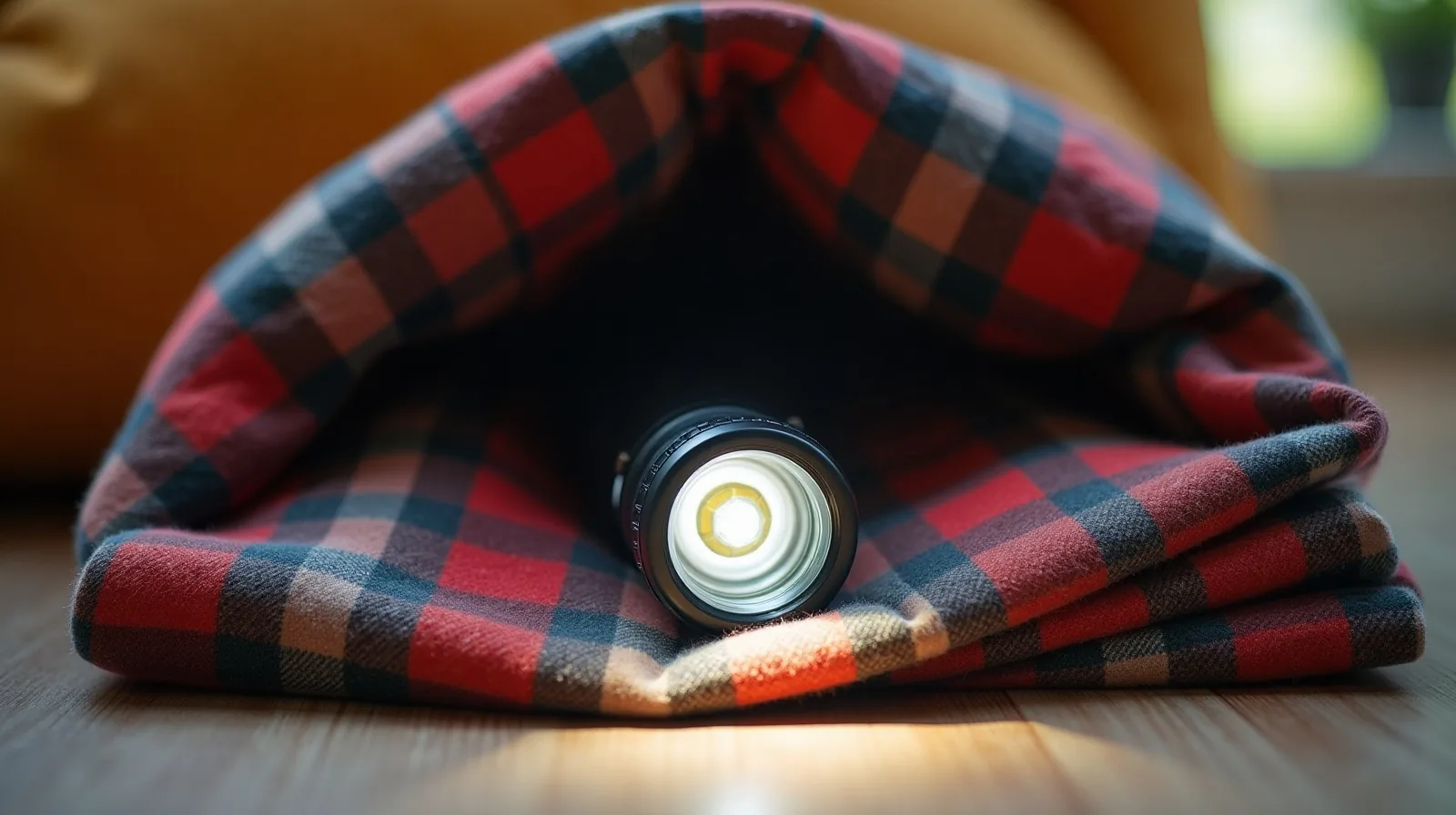 A flashlight resting on a folded plaid blanket at the entrance of a couch cushion fort