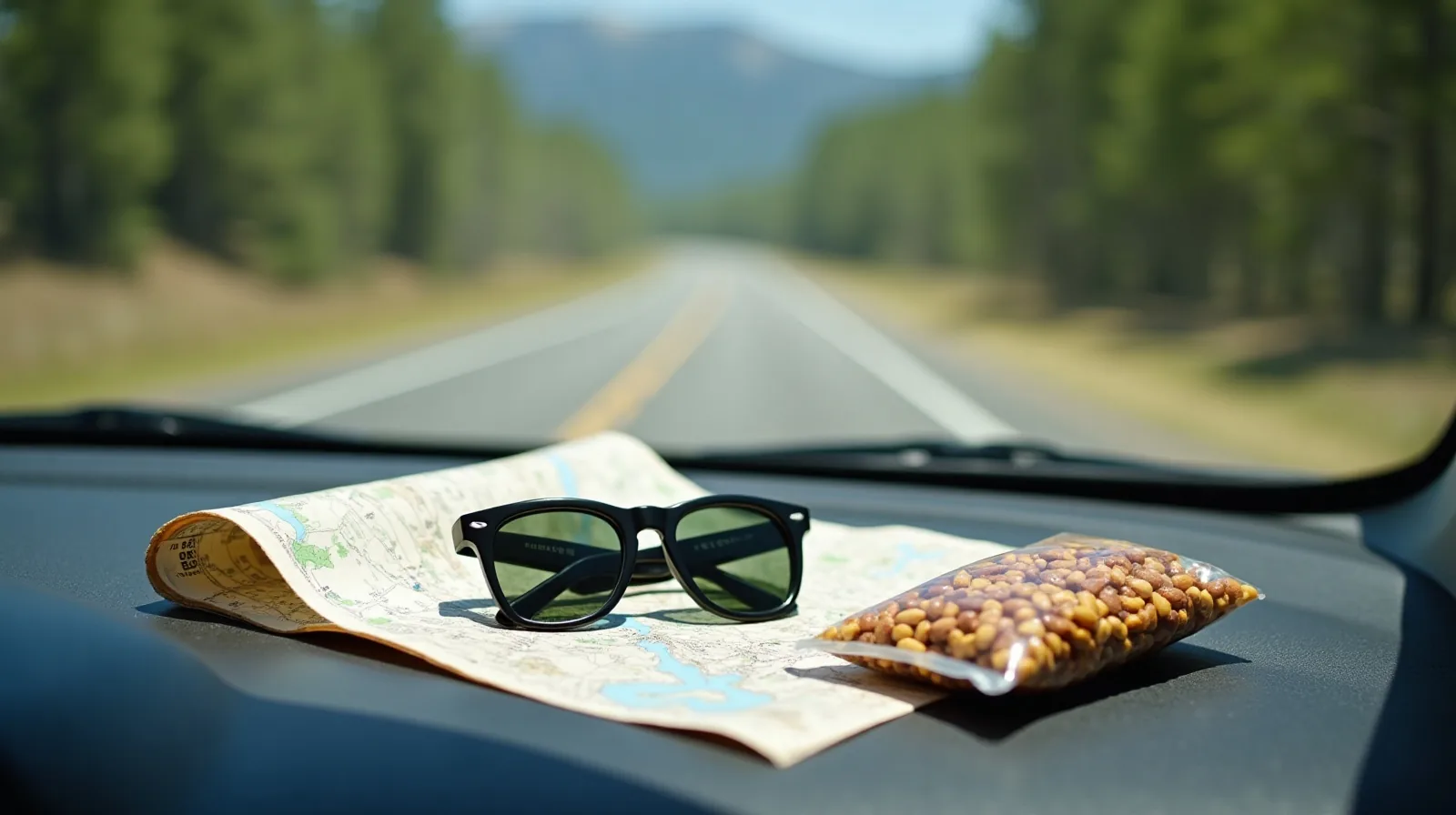 A folded paper road map, sunglasses, and a bag of trail mix on a car passenger seat in bright daylight