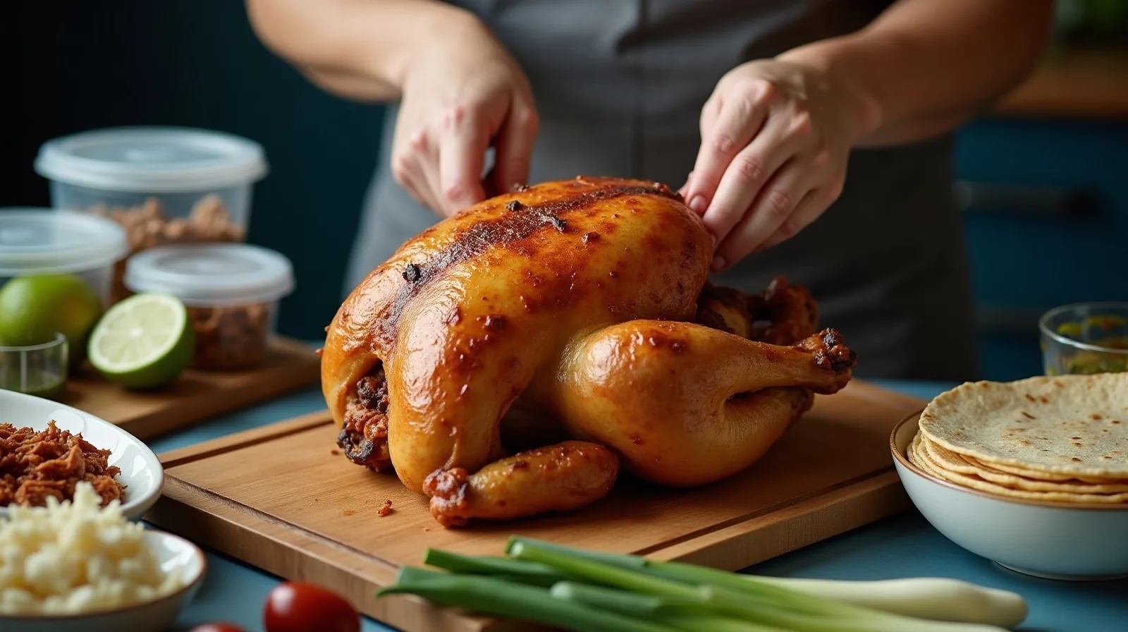 A cooked whole chicken on a carving board with hands pulling a leg quarter free, surrounded by a bowl of shredded meat, tortillas, a halved lime and stacked storage containers