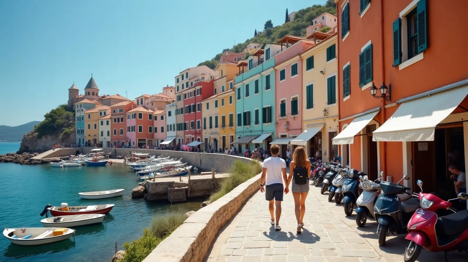 A wide view of a hillside town of stacked pastel houses above a harbor, with two travelers walking down a narrow stone lane toward fishing boats moored at the water.