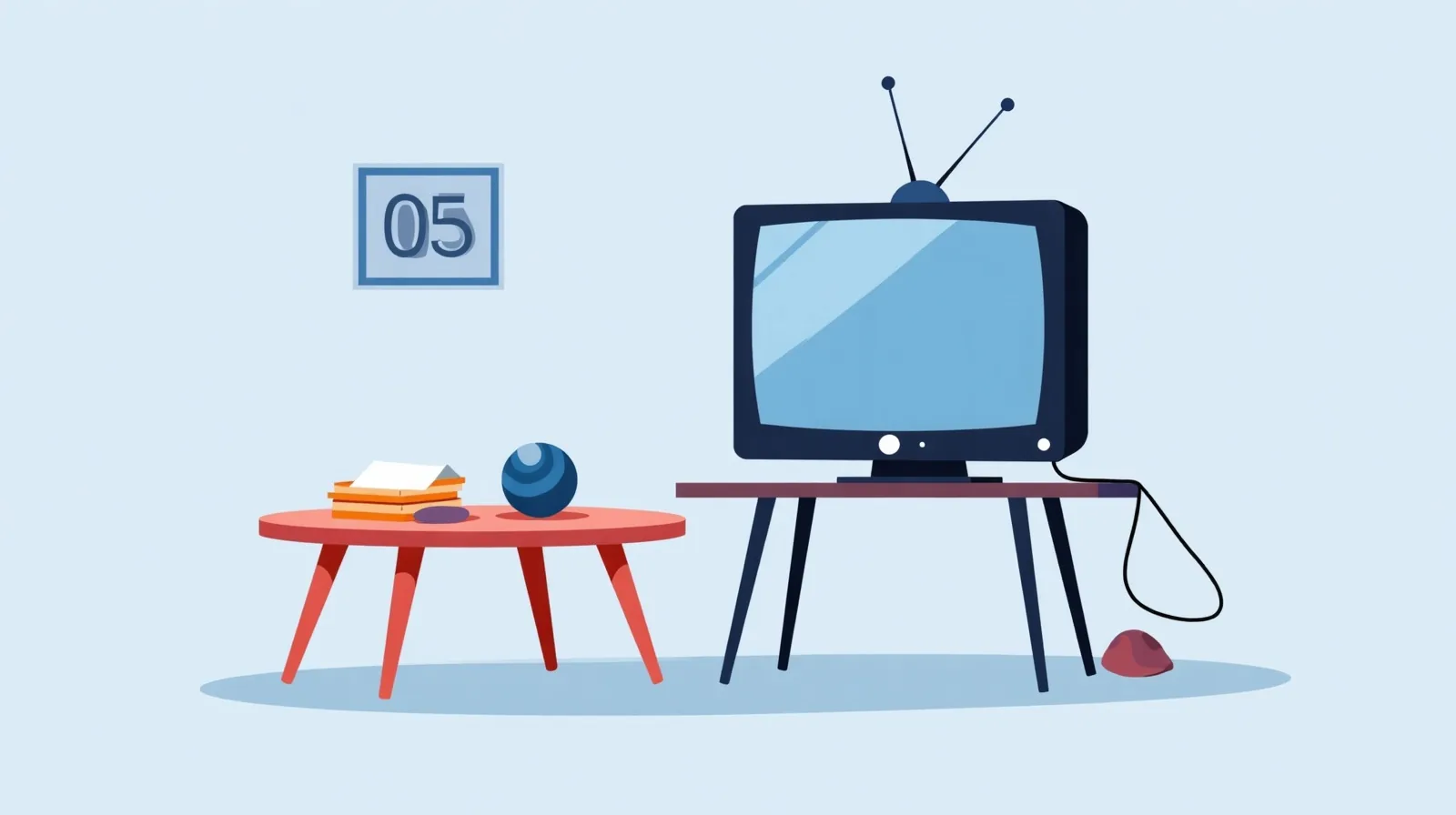 A flat illustration of a switched-off television beside a low table where a half-built puzzle, a ball of clay and a stack of paper are already set out, with a countdown arc between them