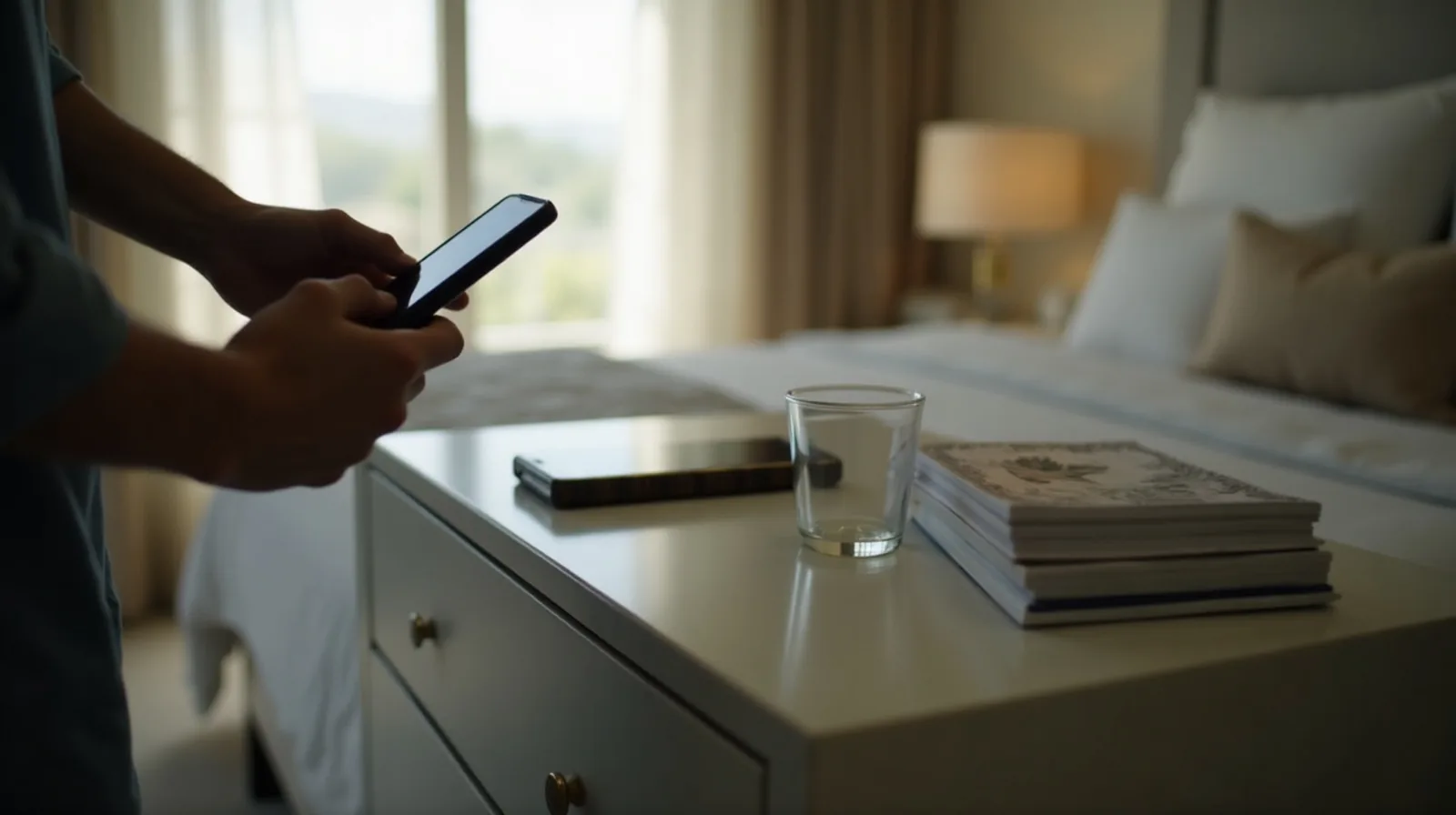 Person seen from behind placing a phone on a dresser across the bedroom, with a paperback and glass of water on the nightstand.
