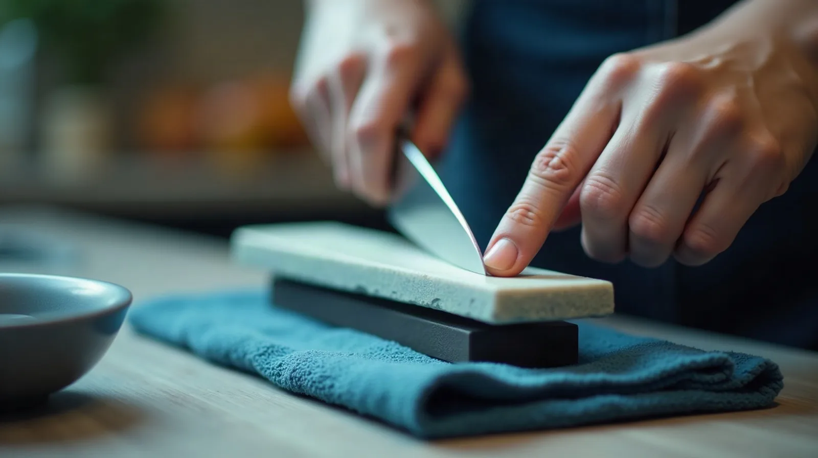 Close-up of hands guiding a kitchen knife blade across a whetstone anchored on a damp folded towel on a kitchen counter, a second knife and a small dish of water resting nearby
