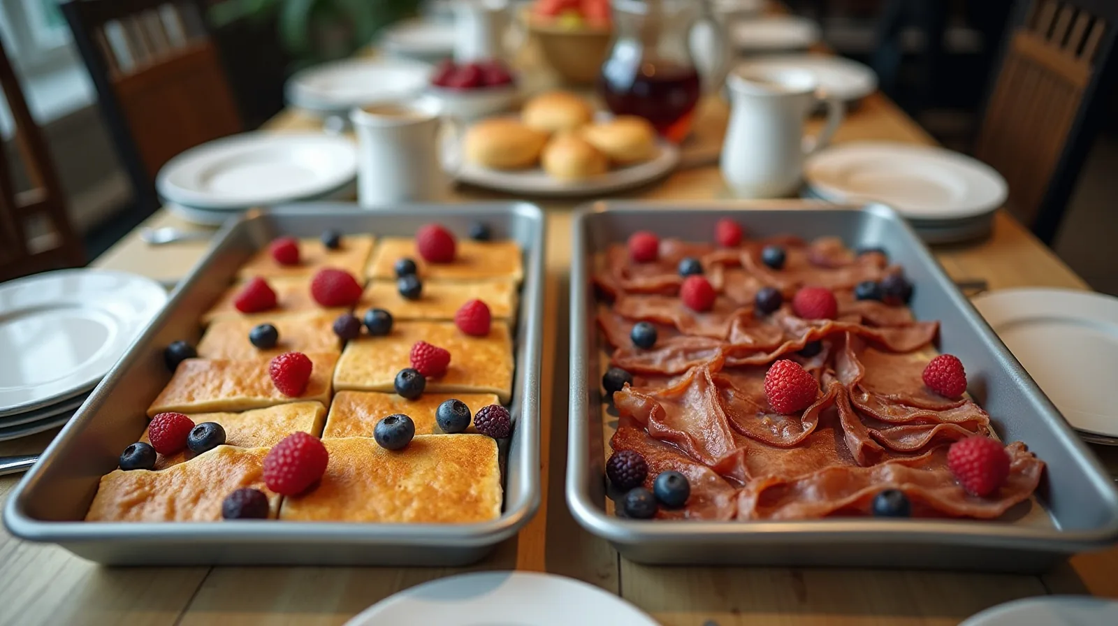 Two sheet pans of baked pancake squares with berries and crisp bacon set on trivets down the middle of a long breakfast table