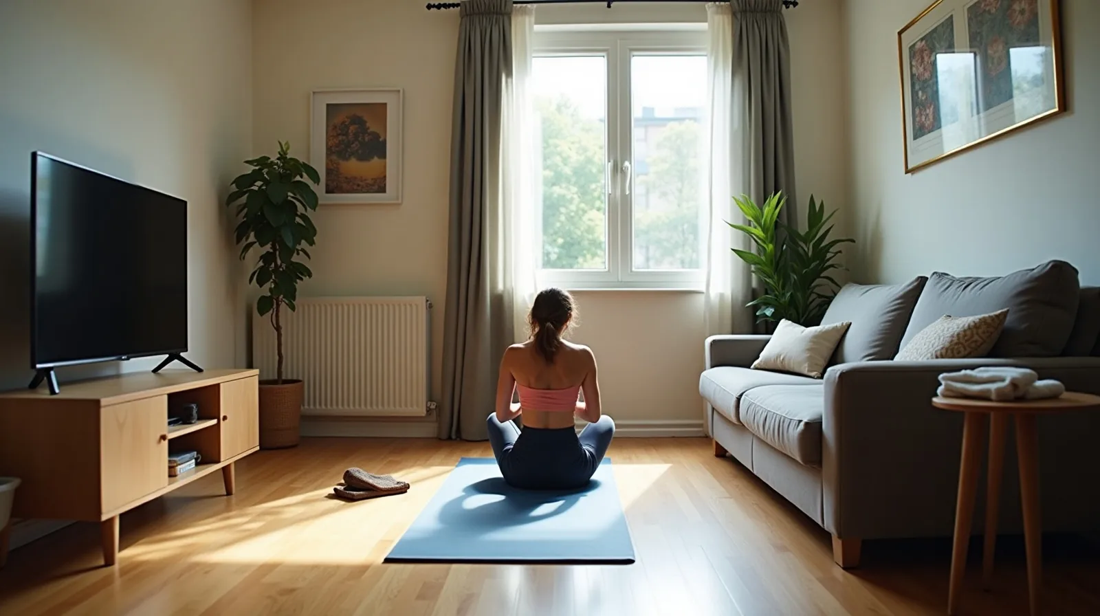 A small apartment living room with the coffee table pushed aside and a yoga mat unrolled in the cleared strip beside the couch