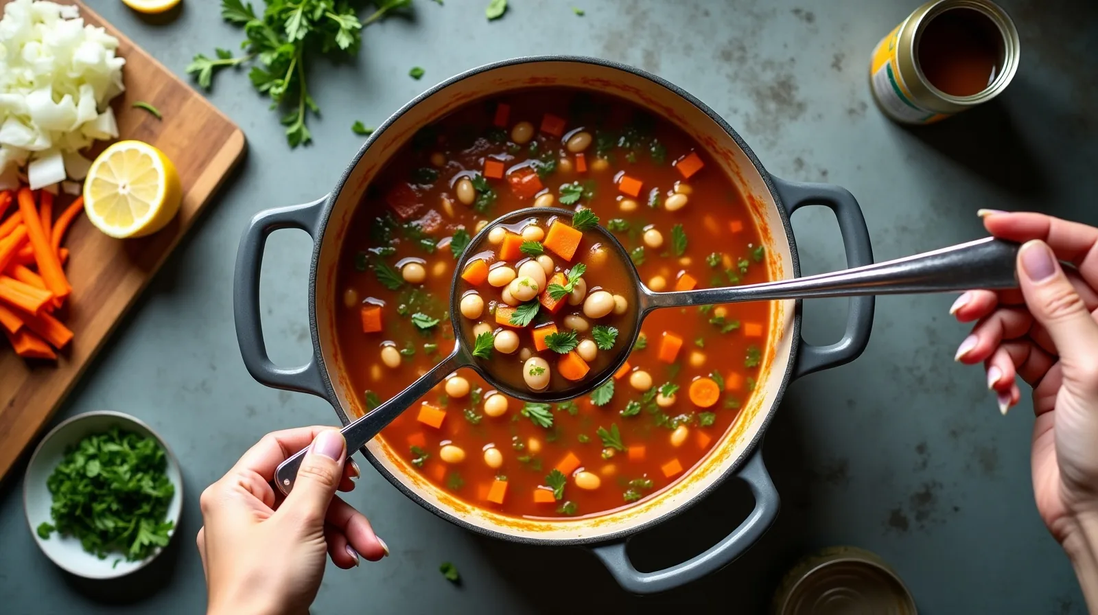 An overhead view of a heavy pot of chunky bean and vegetable soup on a scratched kitchen counter, surrounded by vegetable trimmings, a ladle, a squeezed lemon half and a hand lowering the ladle in