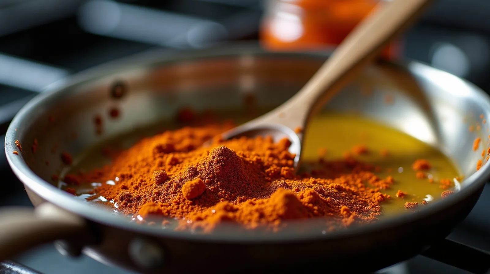 Toasted spices sizzling in oil in a small skillet beside an open jar of smoked paprika on the stovetop