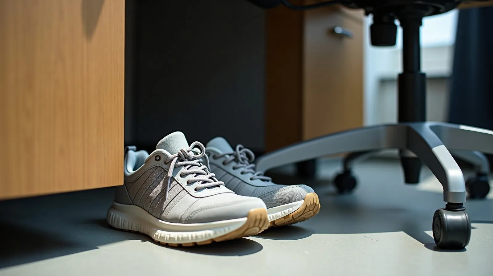 Walking sneakers tucked under an office desk beside the base of a task chair