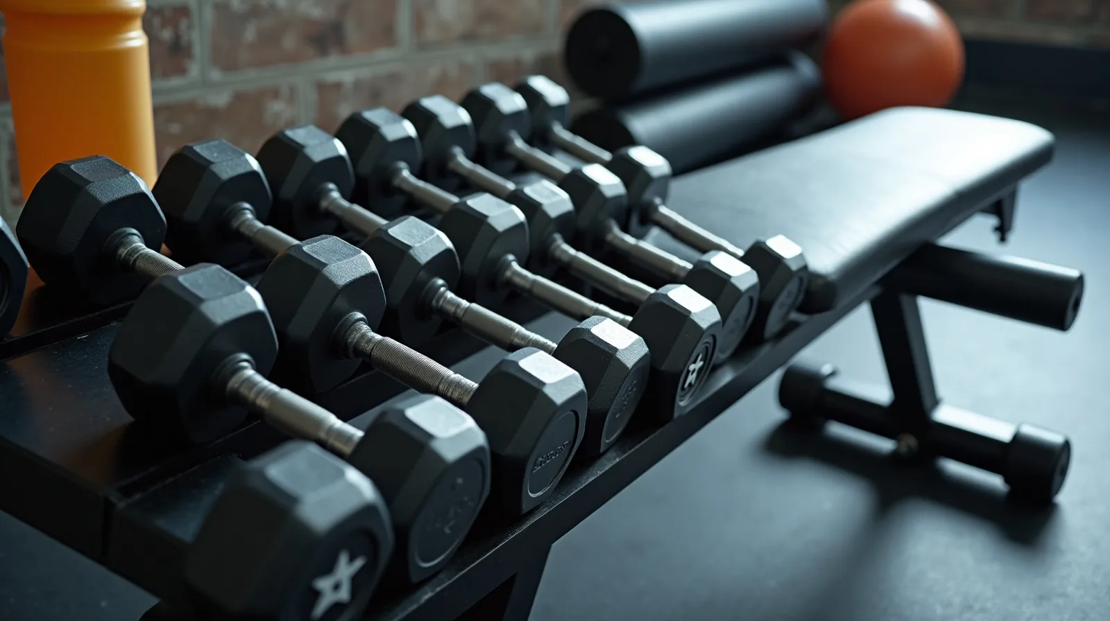 A rack of light dumbbells beside a padded bench in a quiet training room, with resistance bands and a foam roller laid on a scuffed floor mat