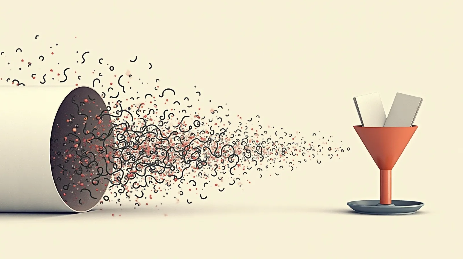 Flat illustration of a long overloaded scroll of tasks passing through a funnel that releases three small cards onto a tray.