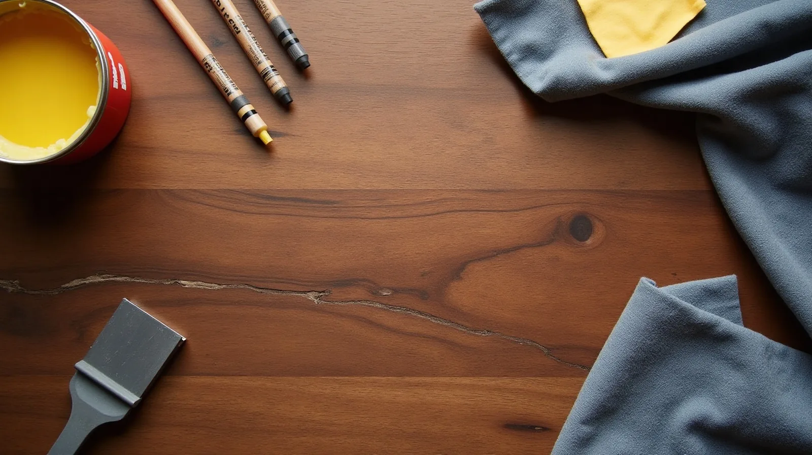 An overhead view of a scratched walnut tabletop with wax fill sticks, two finish-repair markers, a tin of paste wax, a folded cloth and a plastic scraper laid around a long scratch