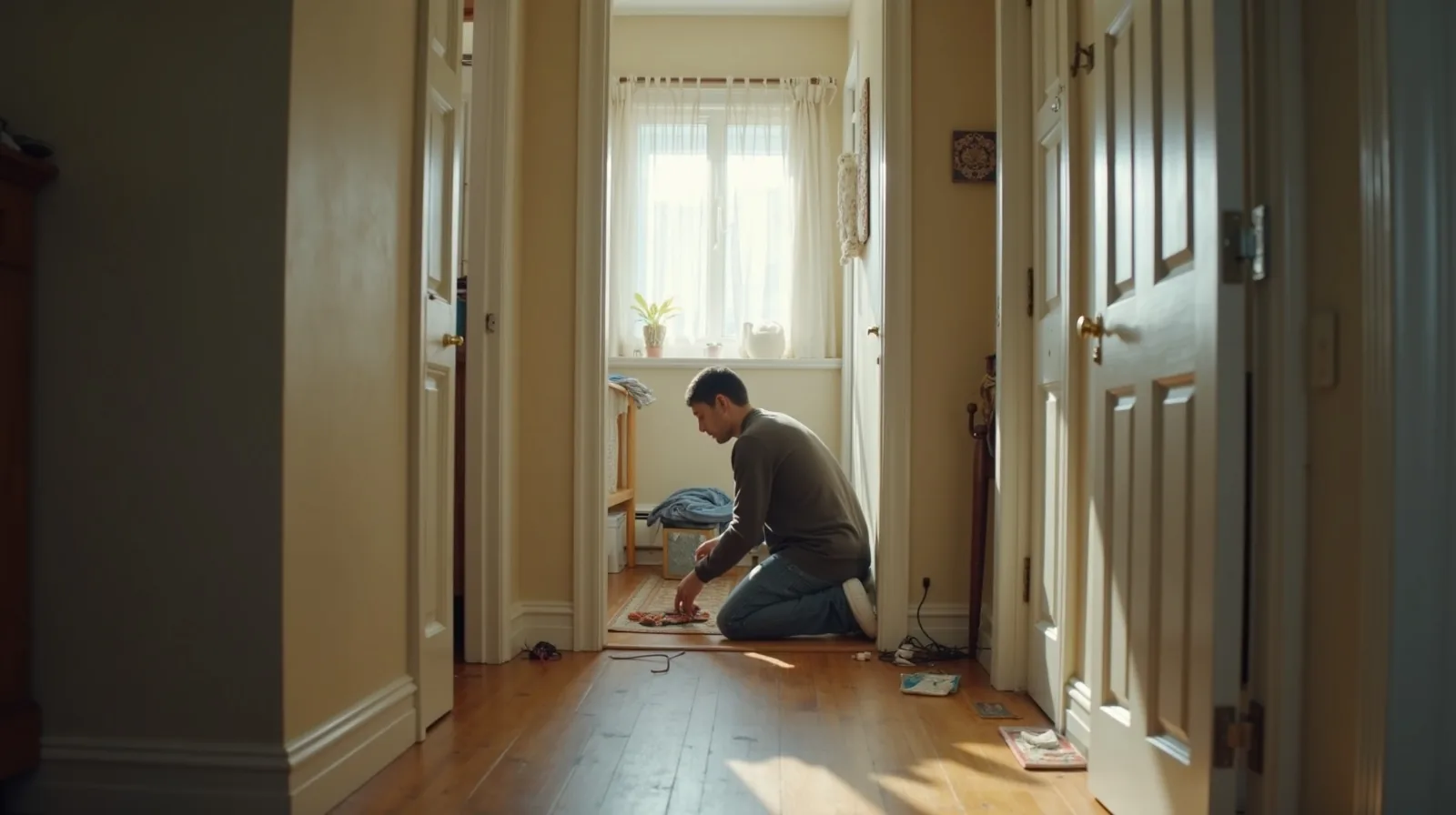 A hallway mid-tidy with a tension rod holding a curtain in a doorway, a shelf riser inside an open linen closet, cord clips along the baseboard, and a person kneeling from behind pressing felt pads onto a chair leg