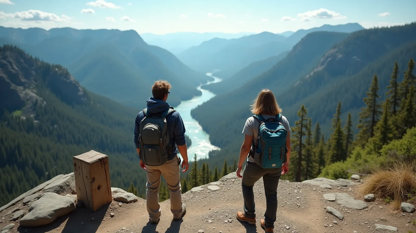 Two hikers with daypacks seen from behind on a rocky overlook above a wide valley of pine ridges and a winding river.