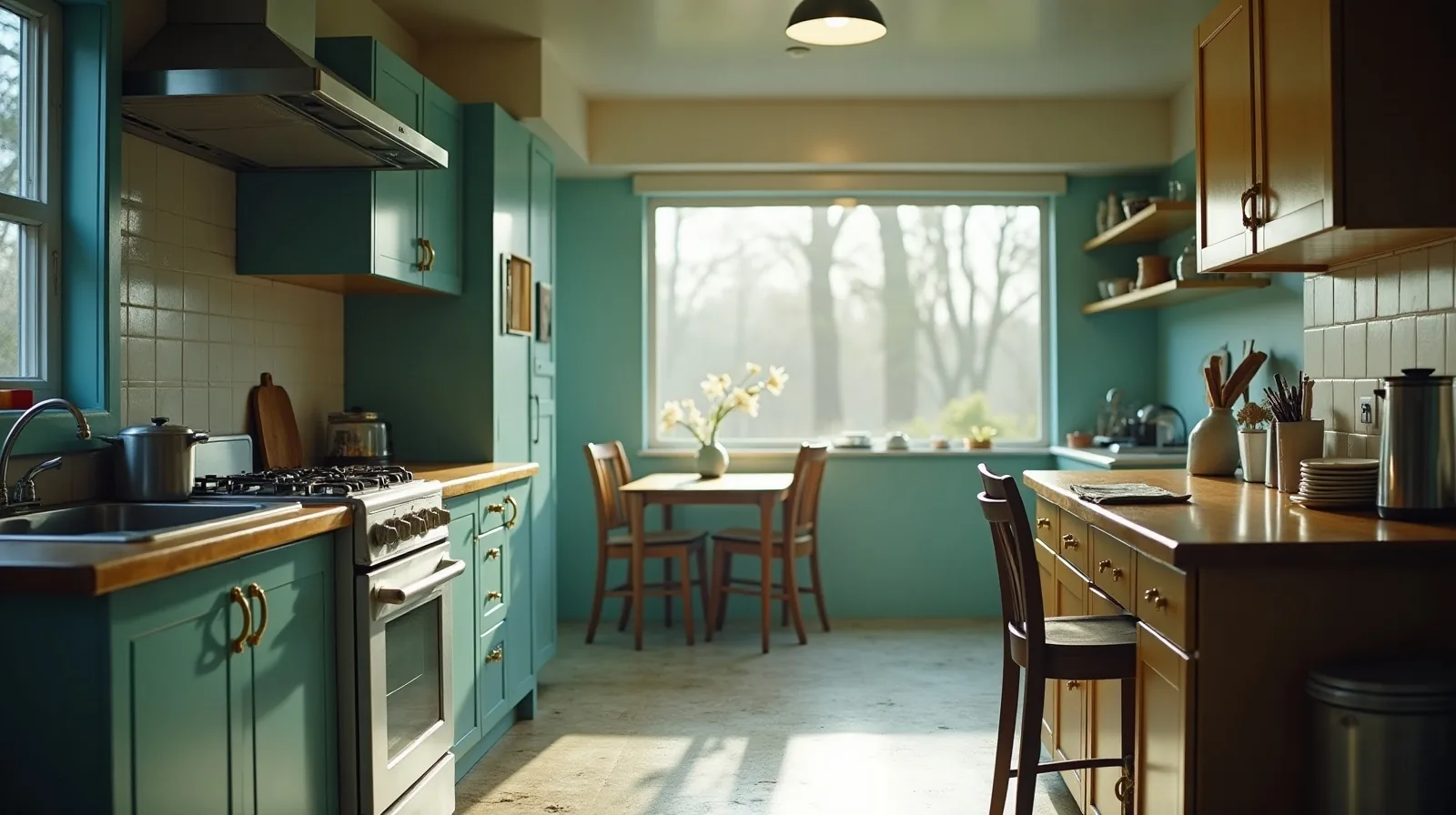 A galley kitchen in the middle of cleaning, with suds in the sink, a squeegee and cloths on the counter, and a half-wiped stovetop.