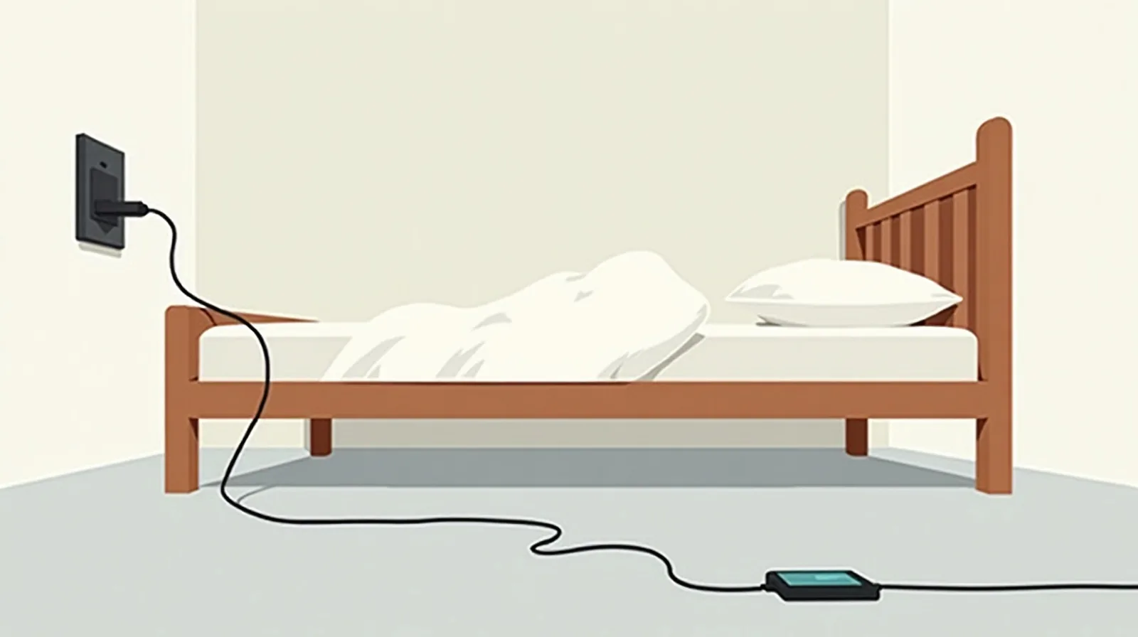 Flat illustration of a bed styled as a phone with a nearly empty battery above the pillow, its charging cable falling short of the wall outlet.